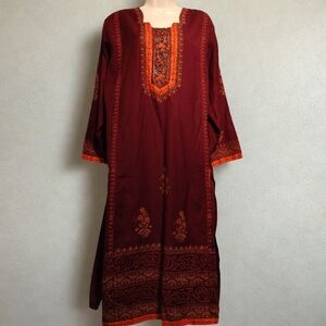 Maroon and Orange Embroidered Kaftan